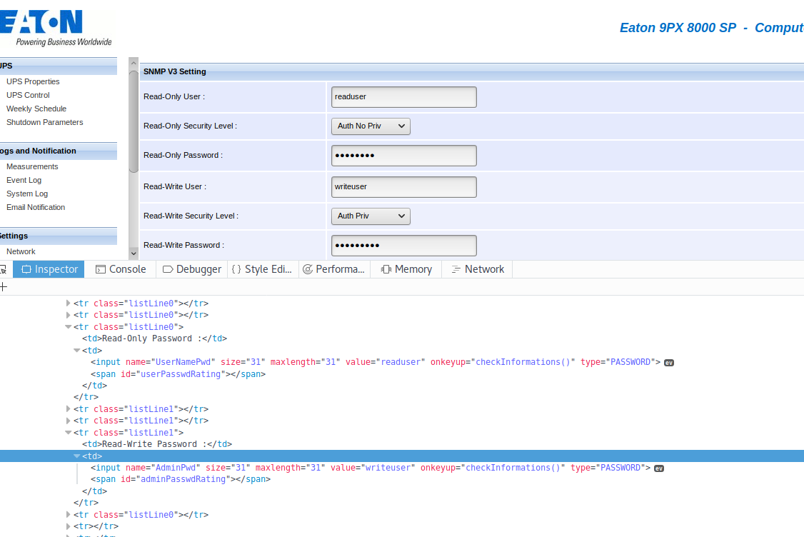 Passwords of read/write users could be retrieved by browsing the source code of the web page.